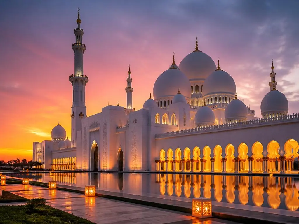 Sheikh Zayed Grand Mosque in Abu Dhabi at dusk