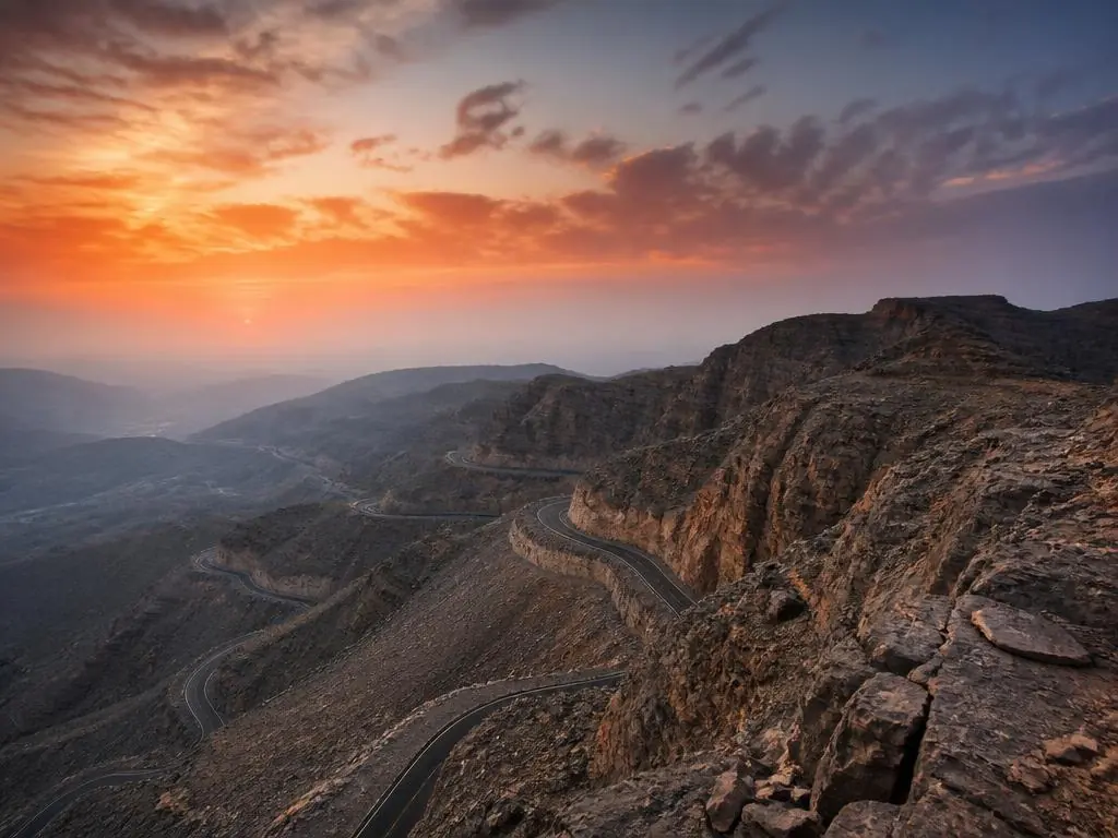 Jebel Jais mountain road in Ras Al Khaimah at sunset