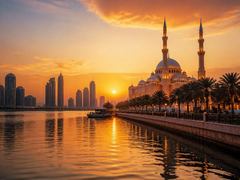 Sharjah waterfront and Al Noor Mosque at sunset