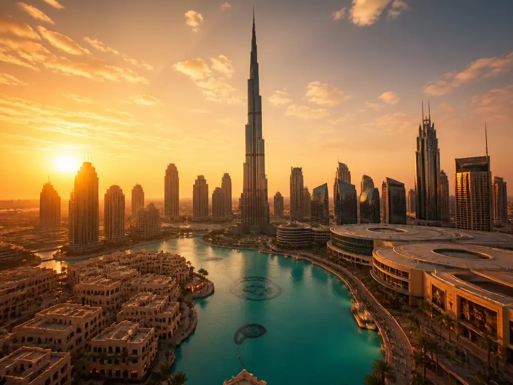 Dubai skyline with Burj Khalifa at golden hour
