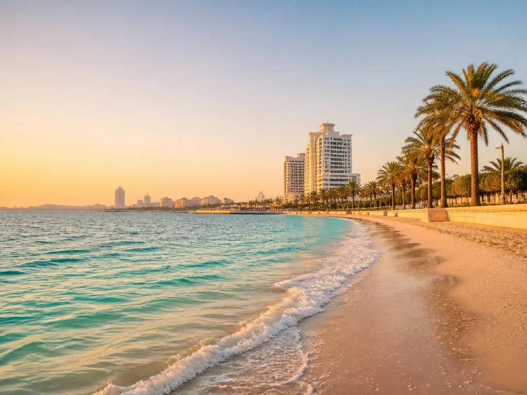 Ajman corniche beach at golden hour