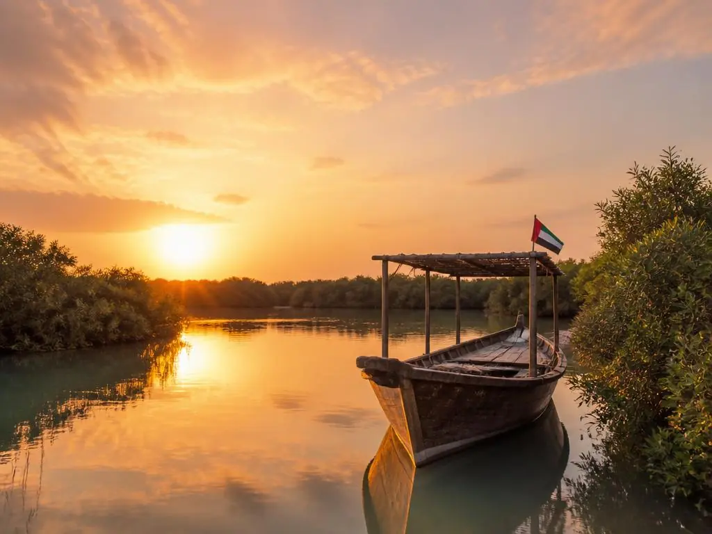Dhow boat in Umm Al Quwain mangrove lagoon at sunrise