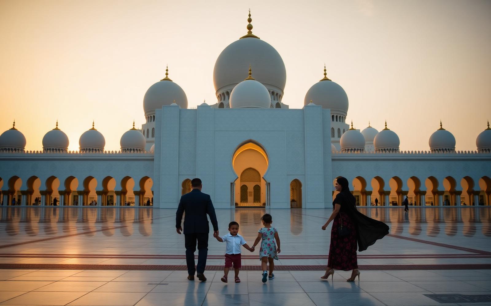 Family walking towards Sheikh Zayed Grand Mosque in Abu Dhabi