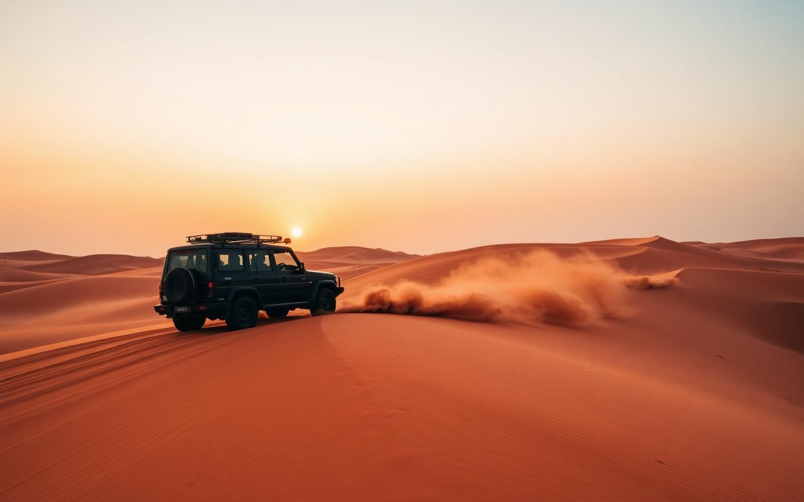 4x4 dune bashing on red sand dunes near Dubai at sunset