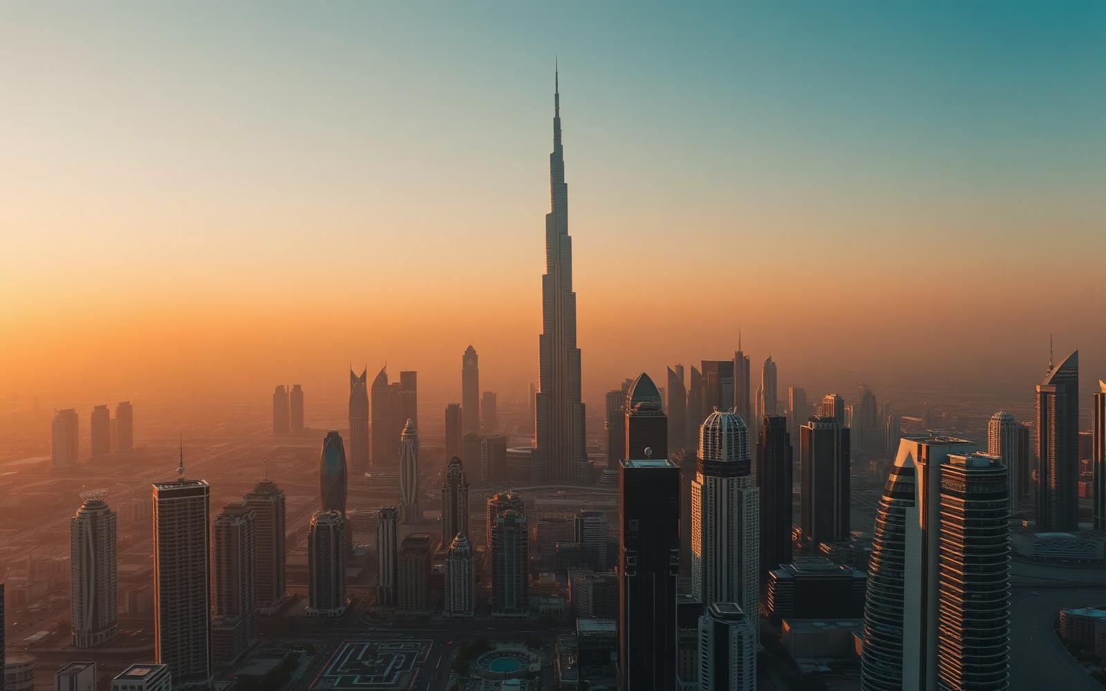 Dubai skyline with the Burj Khalifa at golden hour